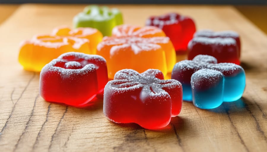 Variety of colorful HHC gummies displayed on a rustic table