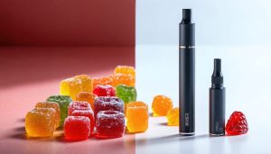 A comparison display of colorful HHC gummies next to a modern vape pen, symbolizing the choice between consuming HHC through gummies or vaping.