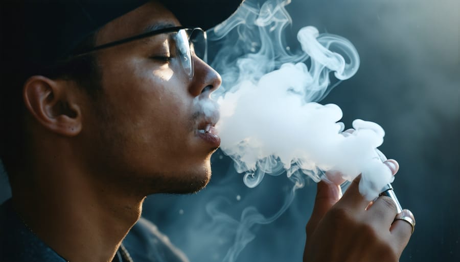 Cloud of vapor being exhaled by an individual holding an HHC vape pen