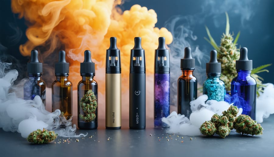 A selection of THC vaping devices and vape liquid bottles, illustrating different equipment options and cannabis-themed flavors in an elegant setup.