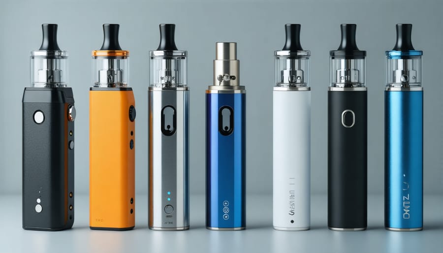 Different types of THC vaping devices such as pens, pods, and box mods