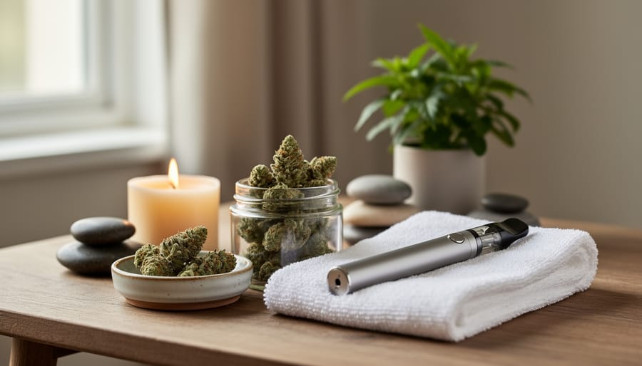 Calm living-room wellness scene with hemp buds jar and compact vape device on a side table, soft daylight through curtains.