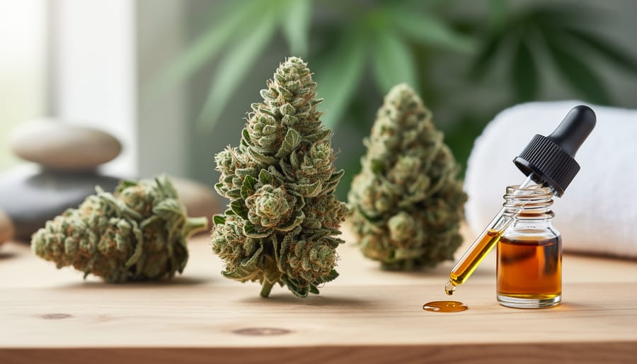 Close-up of high-CBD hemp buds and a dropper of amber CBD oil on a wooden surface with softly blurred greenery in the background.