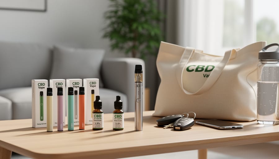 CBD vape device and pod setup on a wooden table with soft background greenery