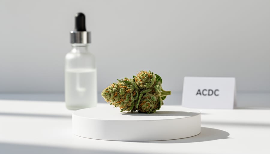 Clear CBD oil dropper bottle with a small precision scale and pale hemp buds in the background, representing ACDC.