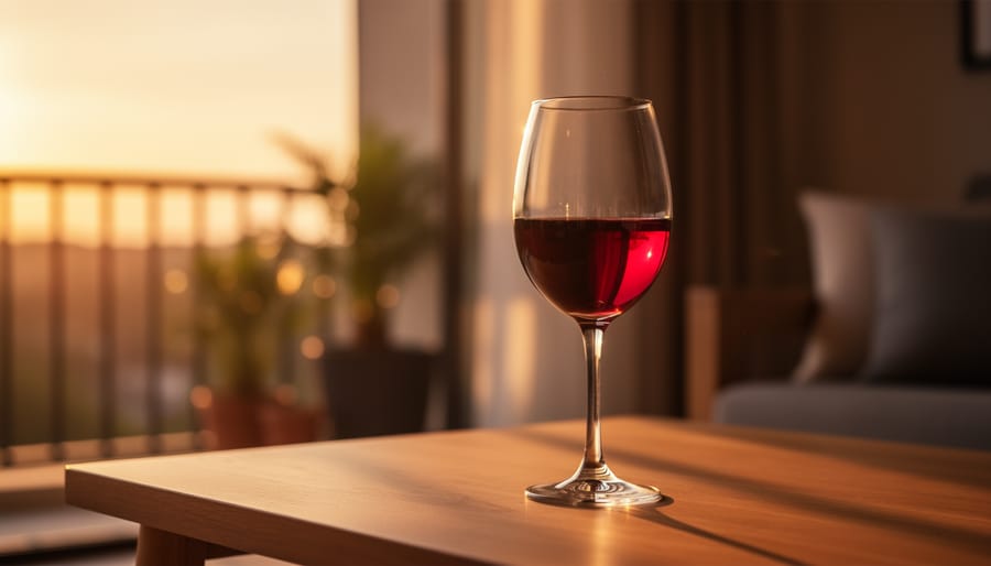 Evening tabletop scene with burgundy-purple hemp buds beside amber glassware and a softly lit lamp, representing Cherry Wine.