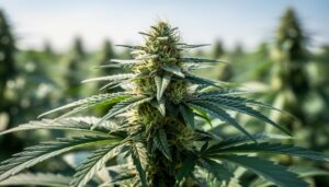 Close-up of hemp buds and leaves on the plant, representing the source of hemp-derived CBD vape products.