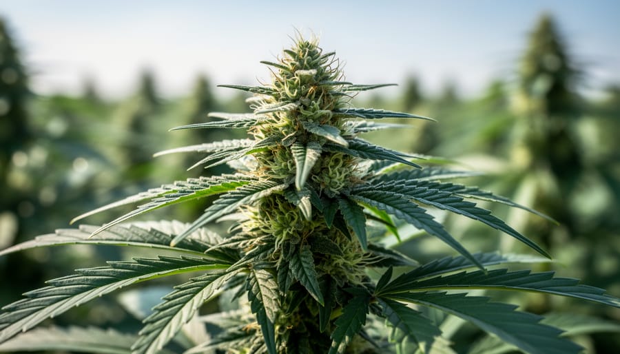 Close-up of hemp buds and leaves on the plant, representing the source of hemp-derived CBD vape products.