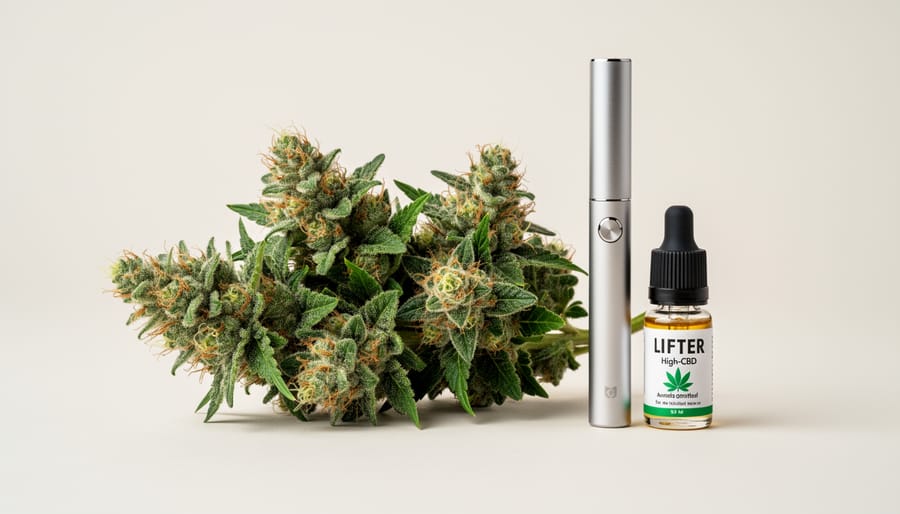 Jar of dense pale green hemp buds with a wooden scoop and a softly blurred vaping device in the background, representing Lifter.