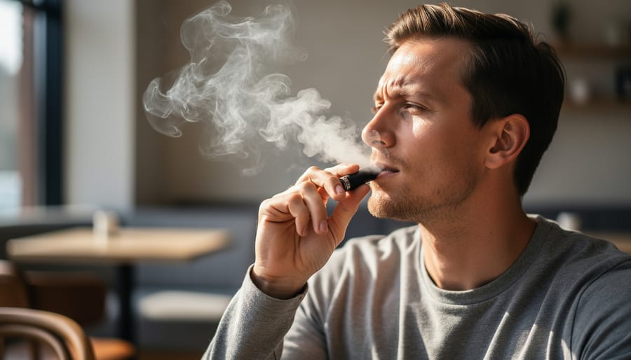 Person exhaling vapor from a vape device in a softly lit indoor space