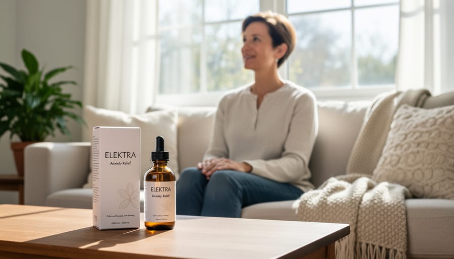 Person holding a small CBD dropper bottle near a window with hemp buds in the background, suggesting daytime anxiety relief.