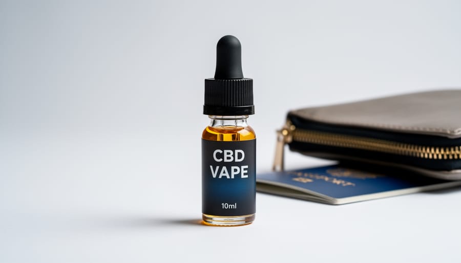Hand holding a small 10ml CBD vape bottle with travel items softly blurred in the background
