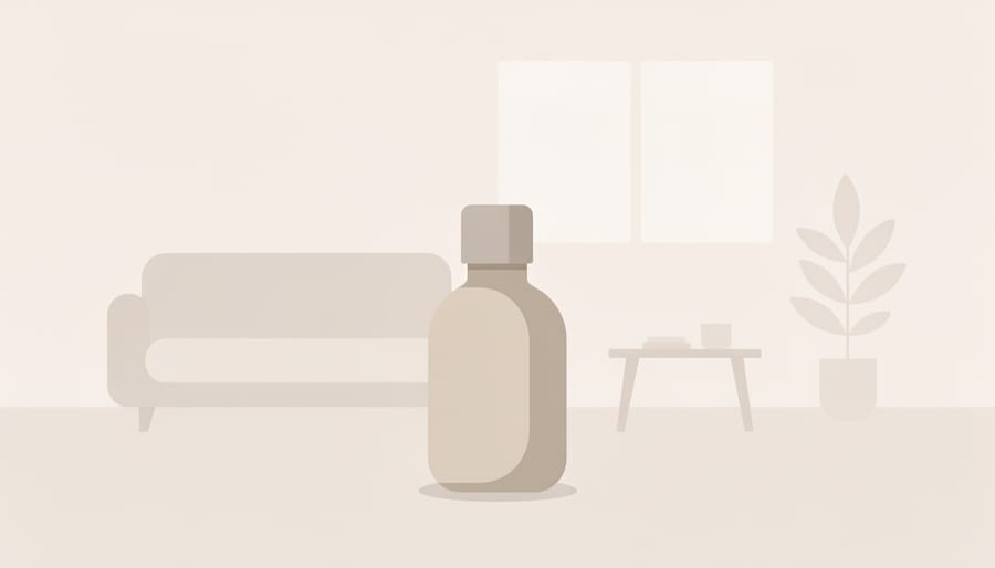 30ml CBD vape bottle on a kitchen counter with softly blurred home items in the background