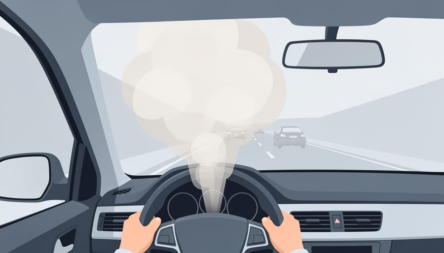 Vape aerosol cloud inside a car obscuring the view through the windshield from the driver’s perspective