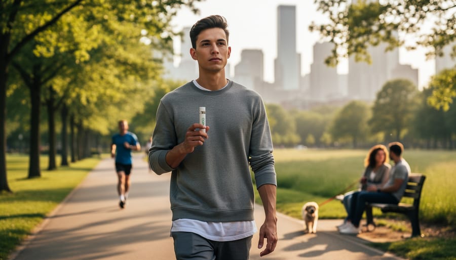 Calm person walking in a park holding a vape device on a misty morning