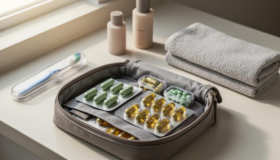 Gélules de CBD dans une trousse de voyage sur un comptoir lumineux