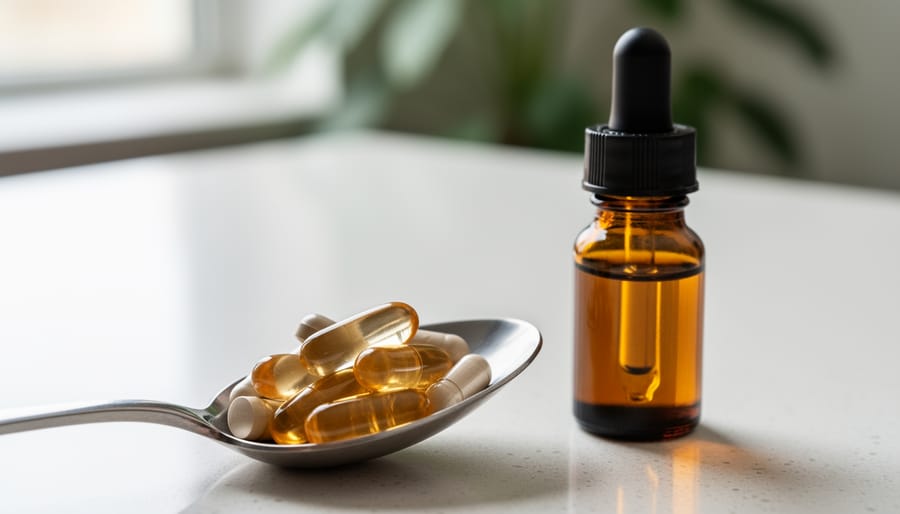 Close-up of CBD gel capsules on a stainless steel spoon next to an amber glass dropper bottle containing cannabidiol oil.