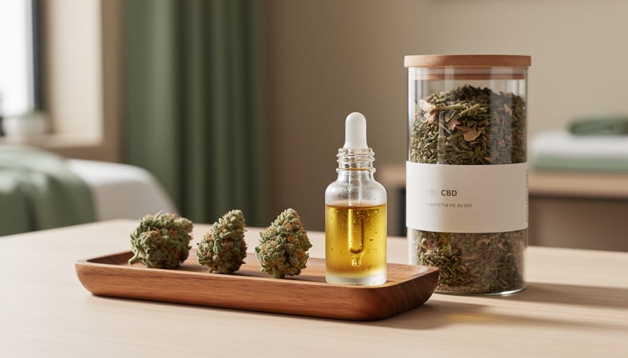 Close-up of CBD cannabis flower buds and an amber-tinted CBD oil dropper bottle on a wooden tray in a calm wellness setting.