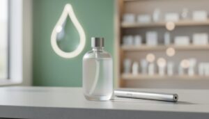 Close-up of a frosted glass CBD vape bottle and vape pen on a neutral countertop under soft daylight, with a softly blurred retail background.