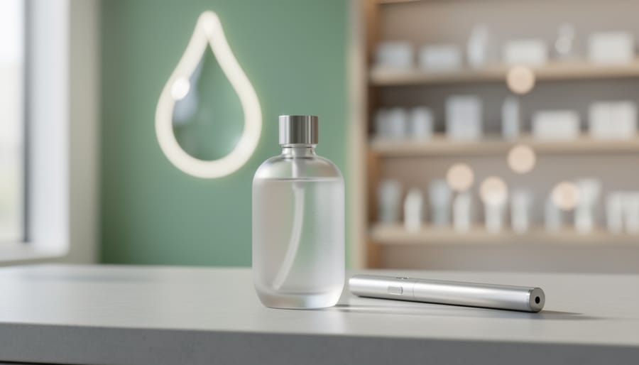 Close-up of a frosted glass CBD vape bottle and vape pen on a neutral countertop under soft daylight, with a softly blurred retail background.
