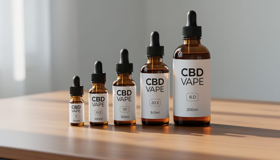 Assorted CBD vape bottles of different sizes arranged on a desk beside a vape device