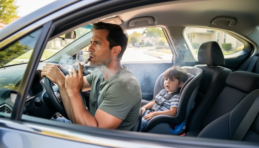 Car interior showing a child seat in the back while an adult vape device is visible in the front seat area