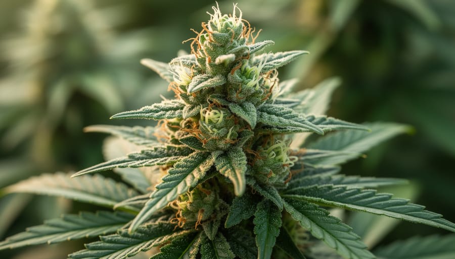 Close-up of CBD hemp buds and green leaves with a glass dropper on a dark slate surface