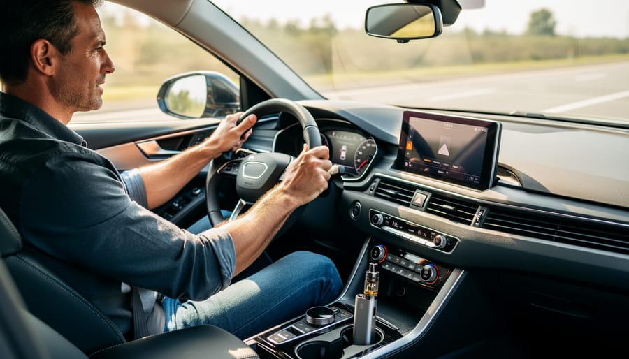 An adult driver’s hands on the steering wheel with a vape device visible in the center console.