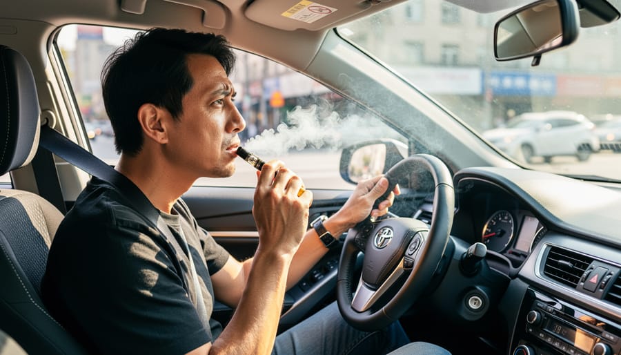 Adult driver holding a vape device inside a car while seated behind the steering wheel