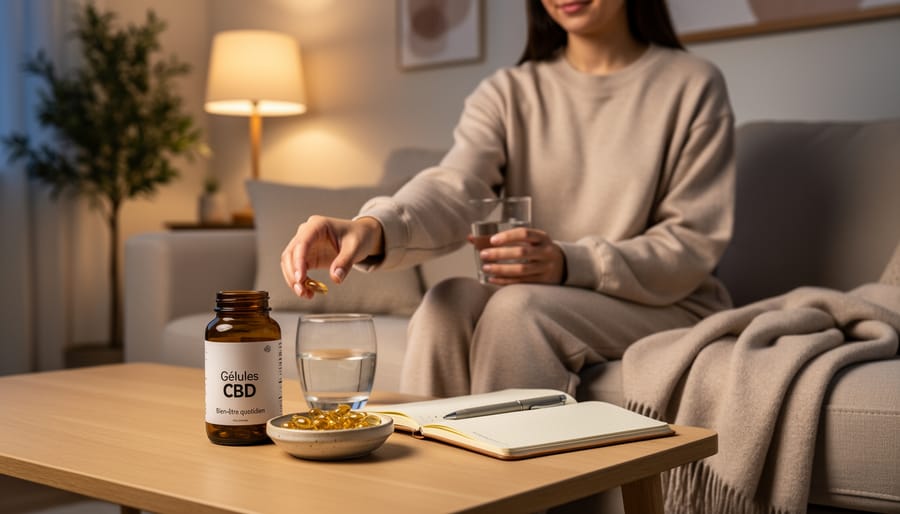 Personne prenant une gélule CBD avec un verre d’eau dans un intérieur chaleureux