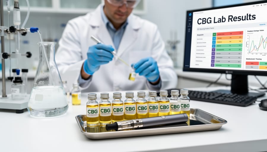 Close view of glass vials and dropper bottles arranged on a laboratory bench