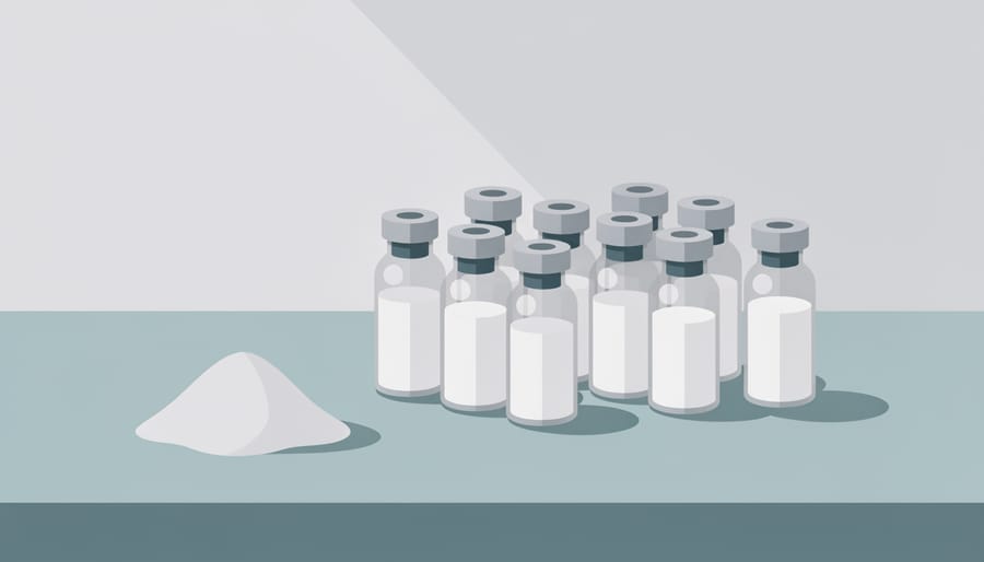 Gloved hand holding small laboratory vials and a glass container with white powder