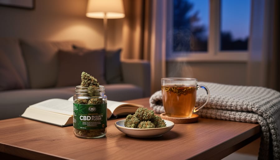 Person holding a small jar of CBD flower in a softly lit living room at night