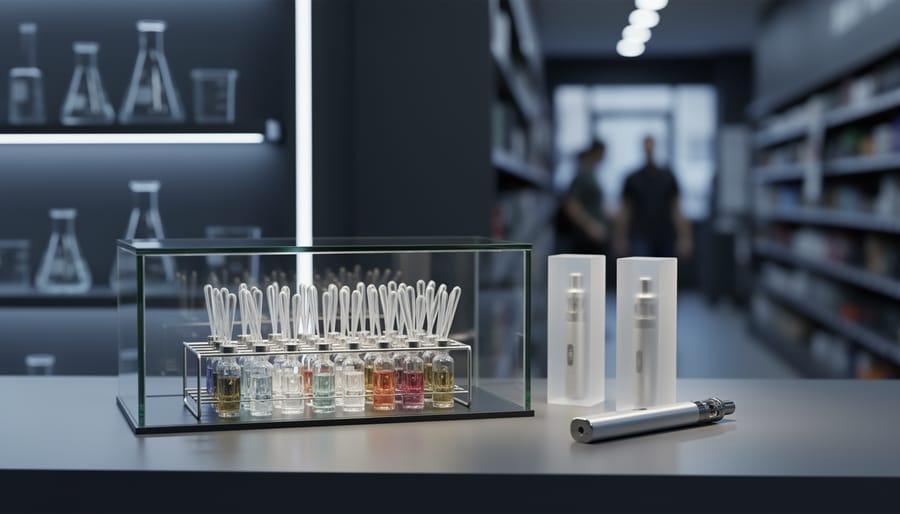 Medium shot of a vape shop counter with laboratory vials and pipette tools beside a vaping device and unlabeled product packaging, with a blurred science-themed shop background.