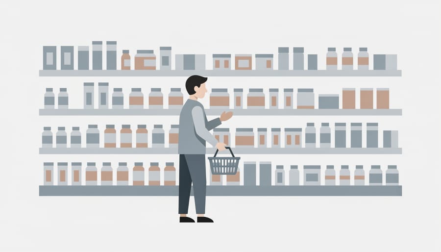 Person hesitating in front of a retail shelf with wellness and supplement-style products