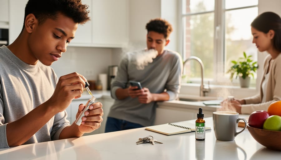 Person holding a vape device with a small bottle of cannabinoid oil on a desk