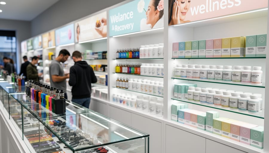 Close view of a vape shop counter with vape and wellness products arranged on shelves