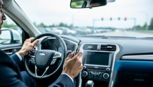 “Driver holding a vape device inside a car with faint vapor visible, photographed from the passenger-side on a blurred highway background.”