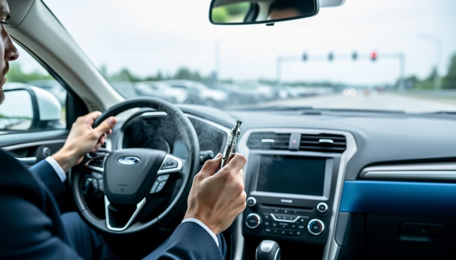“Driver holding a vape device inside a car with faint vapor visible, photographed from the passenger-side on a blurred highway background.”