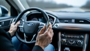 Adult driver holding a vape device inside a car near the steering wheel, photographed from the back seat with soft daylight.