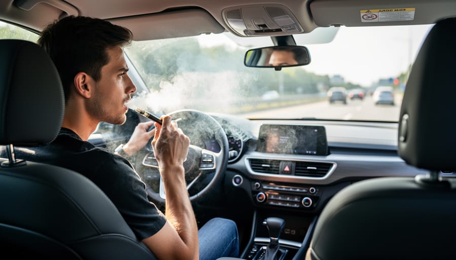 Vapor plume visible inside a car interior near the dashboard.