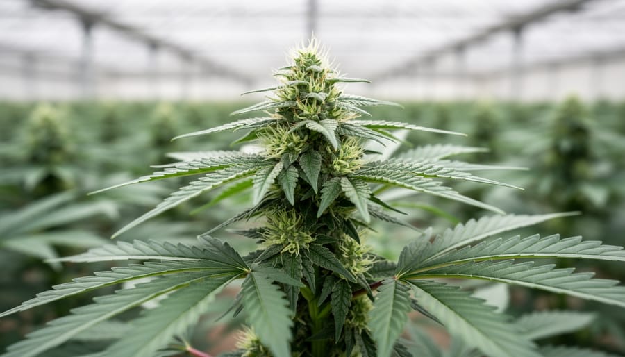 Close-up photograph of hemp plant buds and green leaves in natural light, with blurred foliage in the background.