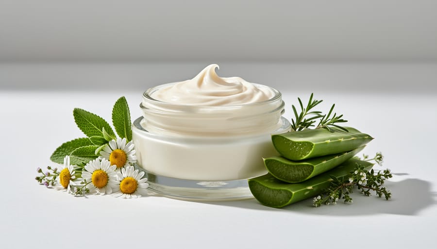 Close-up of CBD pain relief balm jar with wooden spatula and botanical ingredients.