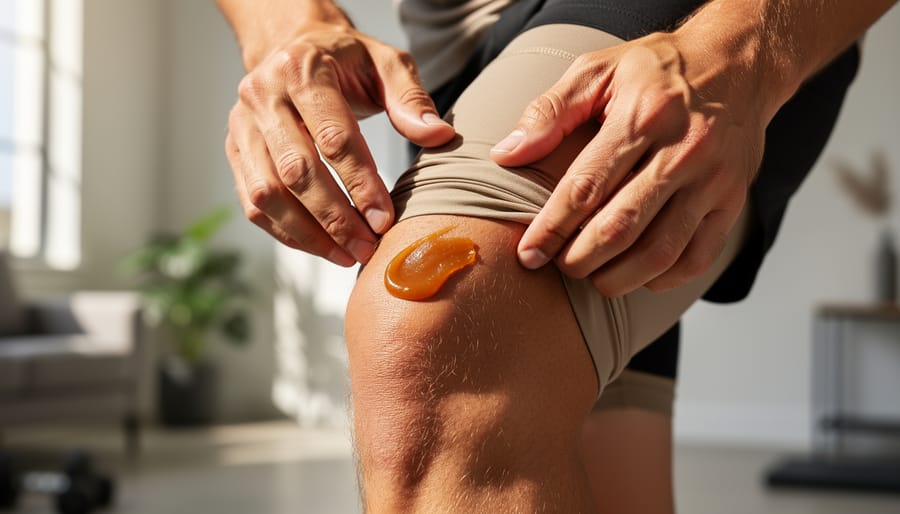 Close-up of a hand spreading CBD pain relief balm on a person’s knee for targeted, non-oral soothing comfort.