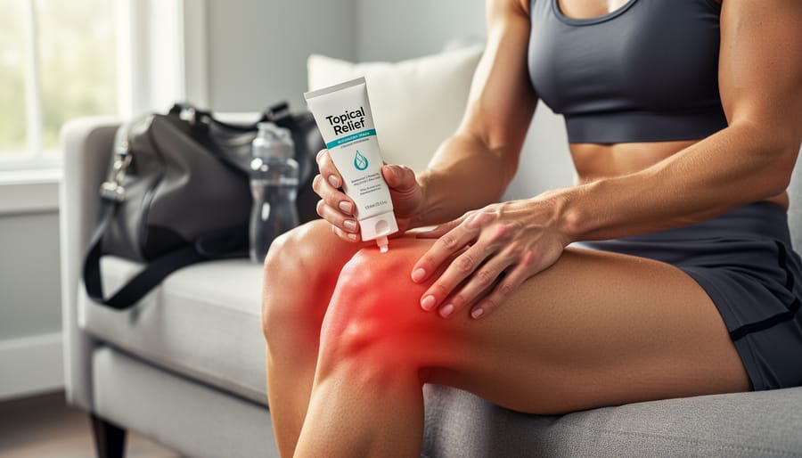 Runner stretching with one hand gently rubbing the calf muscle in warm outdoor light.